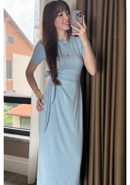 Bağlamalı Midi Modal Mavi Elbise