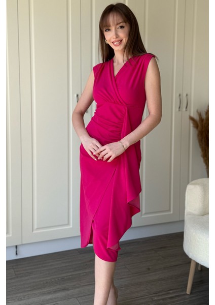 Fırfır Detaylı Kruvaze Yaka Midi Pembe Elbise fiyatları