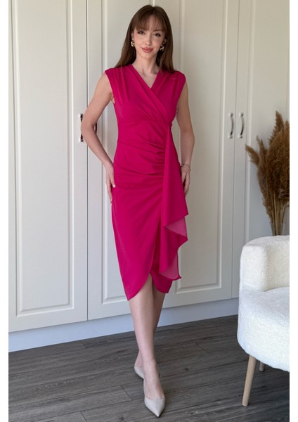 Fırfır Detaylı Kruvaze Yaka Midi Pembe Elbise indirimleri