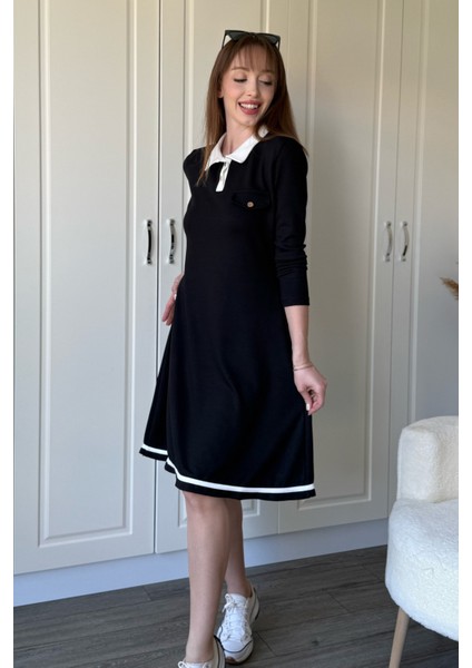 Polo Yaka Uzun Kollu Siyah Elbise
