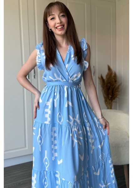 Kruvaze Mavi Desenli Midi Elbise fırsatları