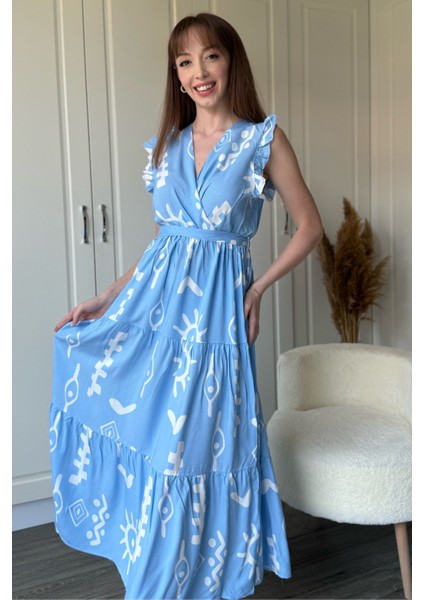 Kruvaze Mavi Desenli Midi Elbise indirimleri