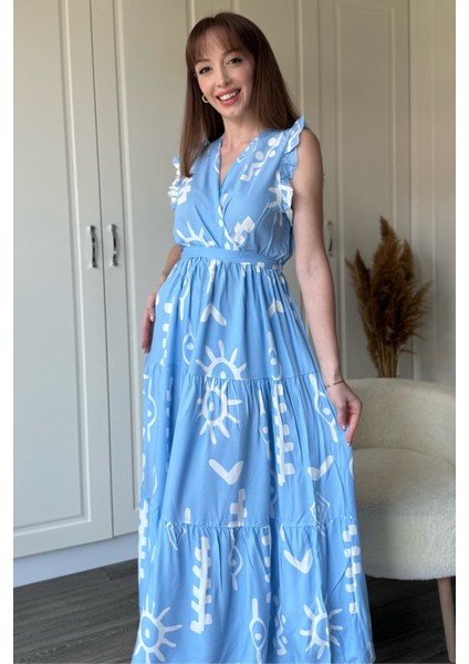 Kruvaze Mavi Desenli Midi Elbise