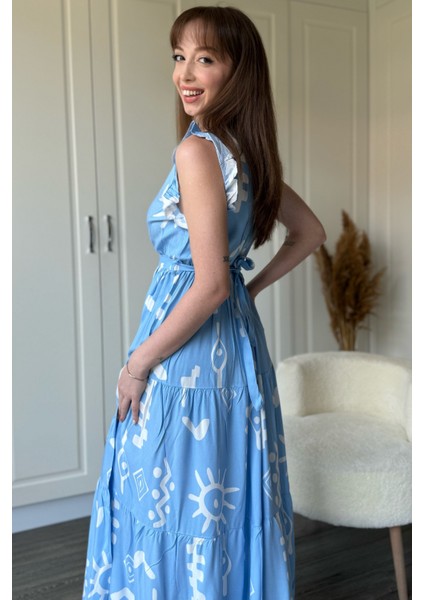 Kruvaze Mavi Desenli Midi Elbise