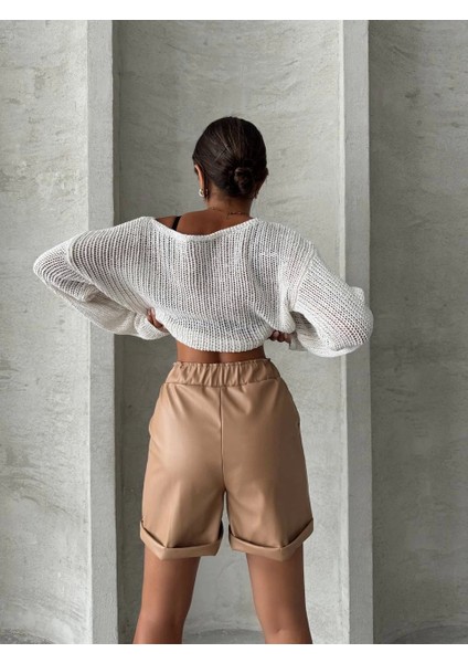 Beli Lastikli Duble Paça Deri Şort Bej W24755 indirimleri