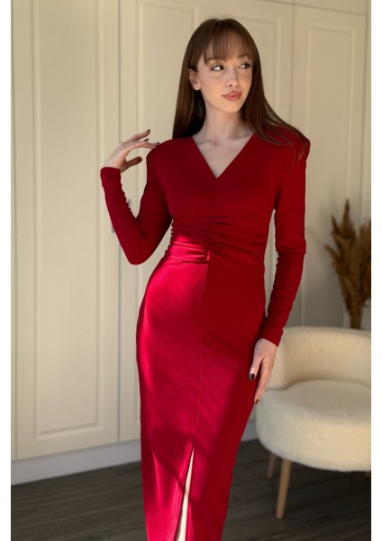 Vatkalı Beli Drapeli Önü Yırtmaçlı Midi Kırmızı Elbise modelleri