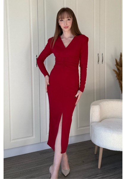 Vatkalı Beli Drapeli Önü Yırtmaçlı Midi Kırmızı Elbise