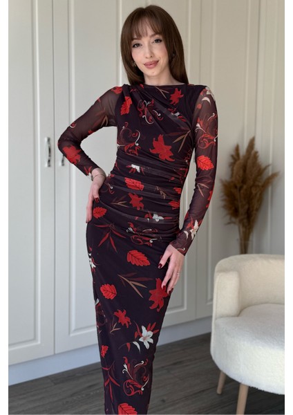 Drapeli Uzun Kol Çiçekli Midi Tül Elbise modelleri