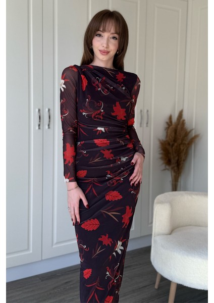 Drapeli Uzun Kol Çiçekli Midi Tül Elbise fırsatları