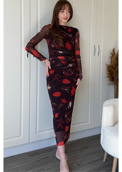 Drapeli Uzun Kol Çiçekli Midi Tül Elbise