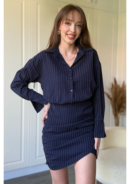 Çizgili Lacivert Gömlek Elbise