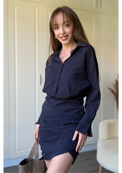 Çizgili Lacivert Gömlek Elbise modelleri