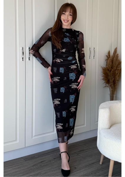 Drapeli Uzun Kol Kare Desen Midi Tül Elbise indirimleri