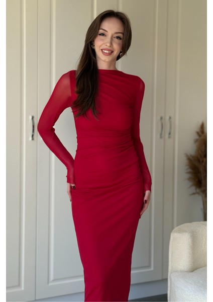 Drapeli Uzun Kol Kırmızı Midi Tül Elbise fiyatları
