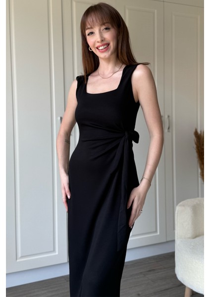 Yandan Bağlamalı Modal Askılı Siyah Elbise modelleri