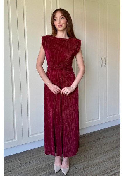 Vatkalı Krinkıl Midi Bel Detaylı Bordo Elbise