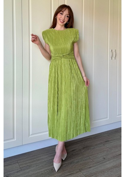 Vatkalı Krinkıl Midi Bel Detaylı Yeşil Elbise indirimleri