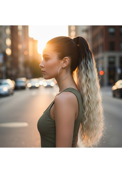 Lastik Tokalı At Kuyruğu Kabarık Afro Dalgalı / Siyah / Platin Ombre