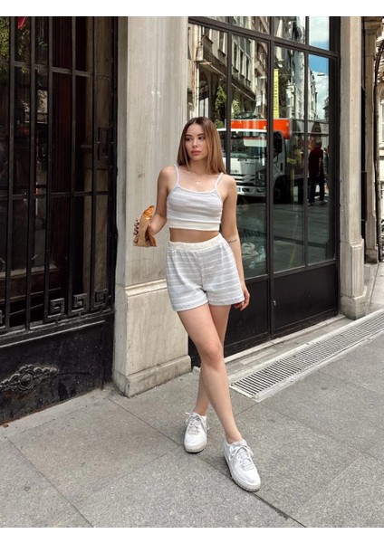 Çizgili Şortlu Takım Gri S3978 modelleri