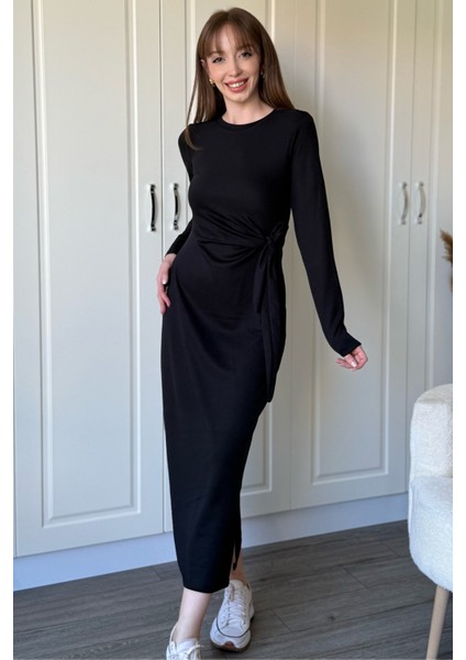 Bağlamalı Modal Uzun Kollu Midi Siyah Elbise fırsatları