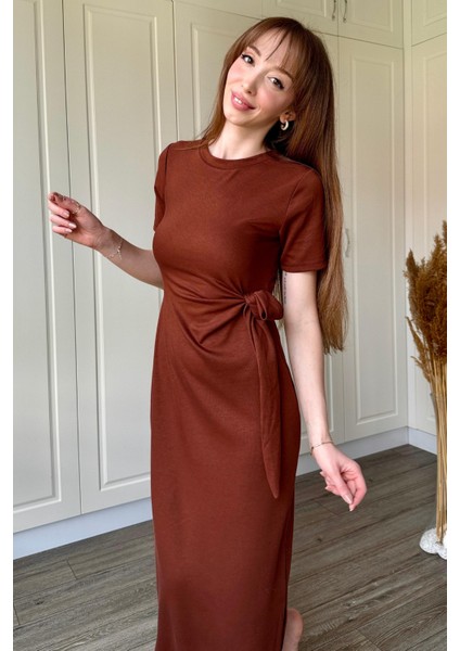 Bağlamalı Midi Modal Kahverengi Elbise modelleri