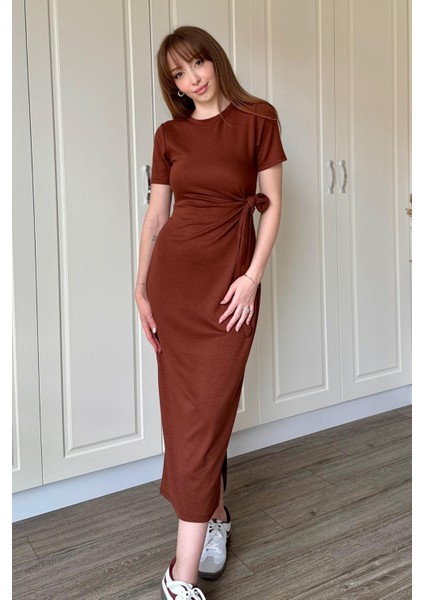Bağlamalı Midi Modal Kahverengi Elbise