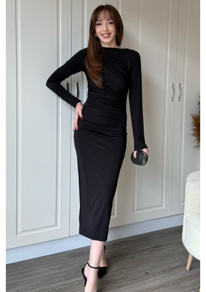 Zarif Drapeli Uzun Kollu Midi Siyah Elbise fırsatları