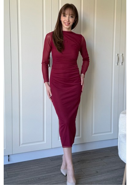 Drapeli Uzun Kollu Bordo Tül Elbise fiyatları