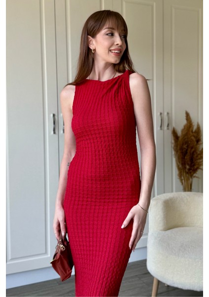 Gofre Kumaş Kolsuz Midi Bordo Drapeli Elbise indirimleri