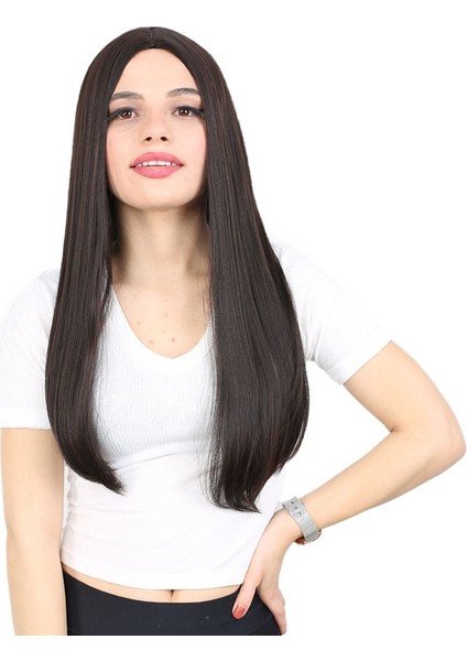 Fiber Sentetik Uzun Düz Peruk / Kahverengi