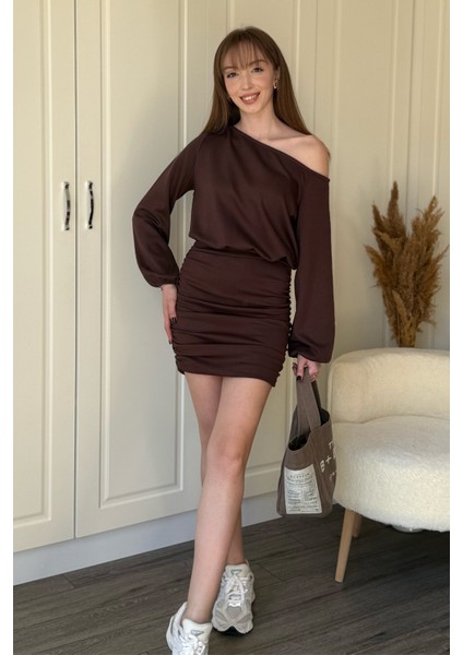 Kayık Yaka Modal Kumaş Cool Eteği Ayarlanabilir Mini Kahverengi Elbise fiyatları