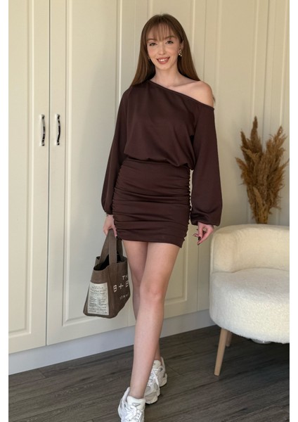 Kayık Yaka Modal Kumaş Cool Eteği Ayarlanabilir Mini Kahverengi Elbise fırsatları