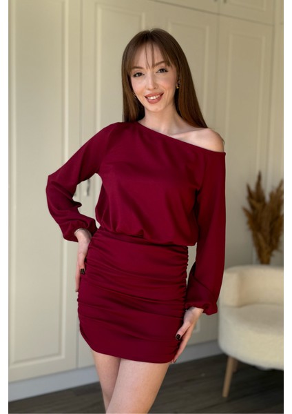 Kayık Yaka Modal Kumaş Cool Eteği Ayarlanabilir Mini Bordo Elbise