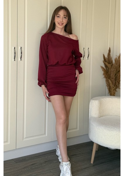 Kayık Yaka Modal Kumaş Cool Eteği Ayarlanabilir Mini Bordo Elbise modelleri