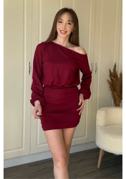 Kayık Yaka Modal Kumaş Cool Eteği Ayarlanabilir Mini Bordo Elbise fırsatları
