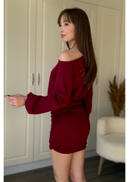 Kayık Yaka Modal Kumaş Cool Eteği Ayarlanabilir Mini Bordo Elbise
