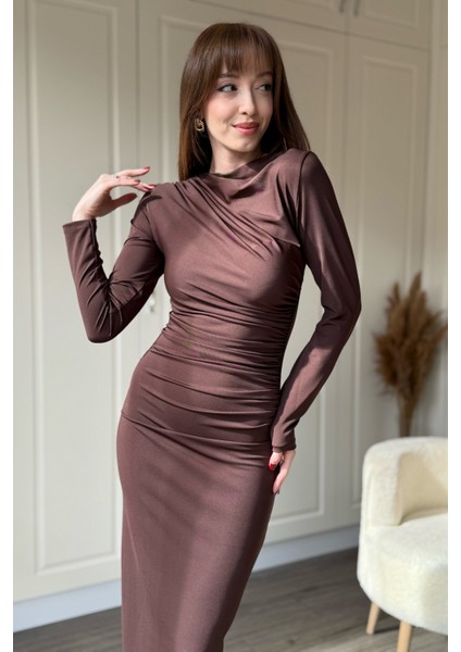 Zarif Drapeli Uzun Kollu Midi Kahverengi Elbise indirimleri