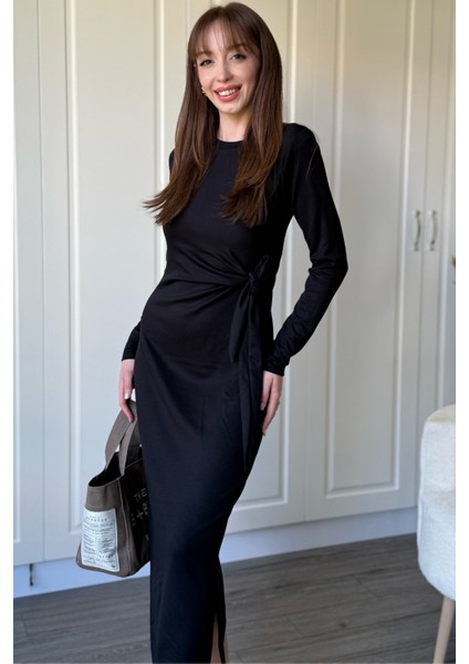 Bağlamalı Modal Uzun Kollu Midi Siyah Elbise indirimleri