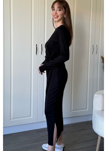 Bağlamalı Modal Uzun Kollu Midi Siyah Elbise