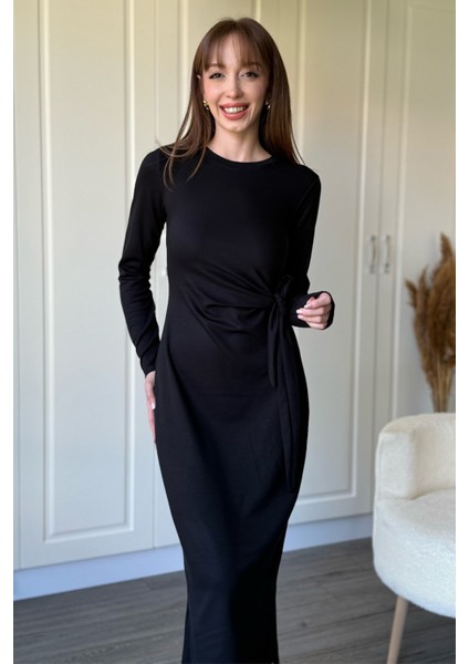 Bağlamalı Modal Uzun Kollu Midi Siyah Elbise