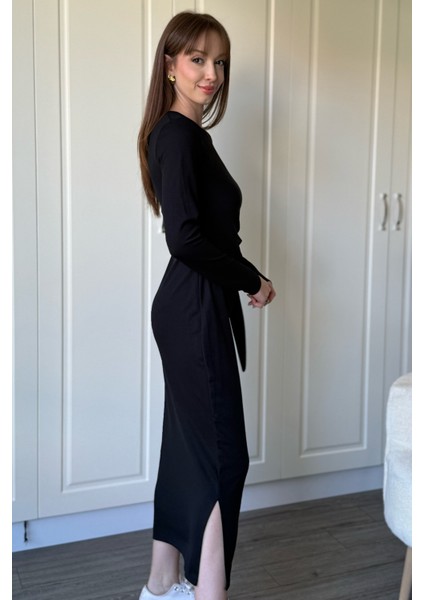 Bağlamalı Modal Uzun Kollu Midi Siyah Elbise