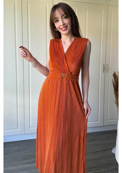 Kruvaze Yaka Krinkıl Midi Tokalı Turuncu Elbise