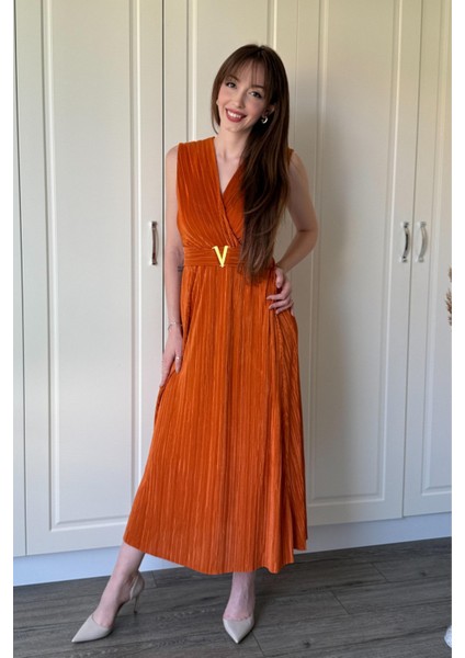 Kruvaze Yaka Krinkıl Midi Tokalı Turuncu Elbise modelleri