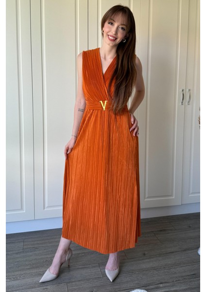 Kruvaze Yaka Krinkıl Midi Tokalı Turuncu Elbise