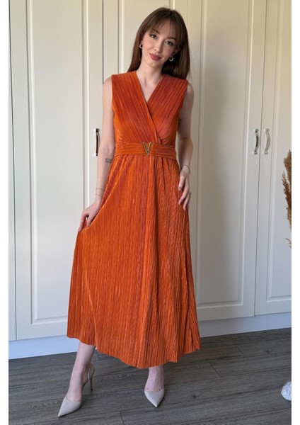 Kruvaze Yaka Krinkıl Midi Tokalı Turuncu Elbise