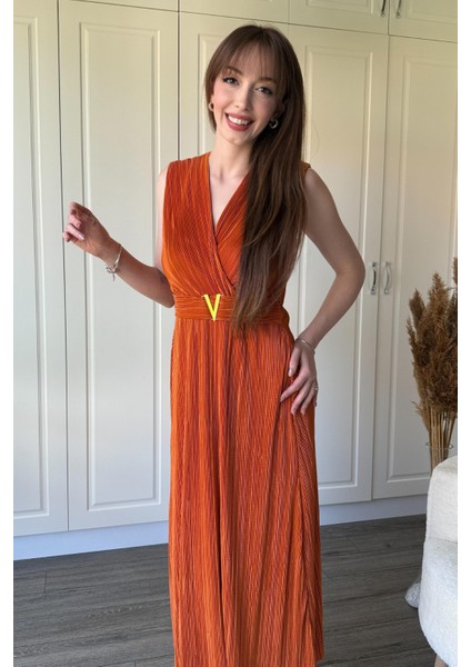 Kruvaze Yaka Krinkıl Midi Tokalı Turuncu Elbise