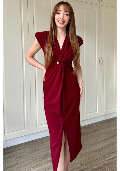 Kruvaze Yaka Vatkalı Incili Bordo Elbise fırsatları