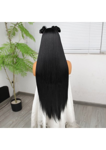 Ekstra Uzun Siyah Fiber Sentetik Düz Tül Peruk indirimleri