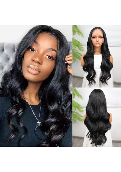 Siyah Fiber Sentetik Dalgalı Tül Peruk