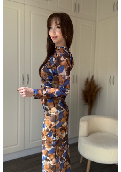 Drapeli Uzun Kol Karışık Desenli Midi Tül Elbise fiyatları